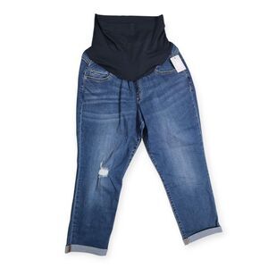NWT a:glow Maternity Size XL Denim Medium Wash Belly Panel Capri Distressed Jean